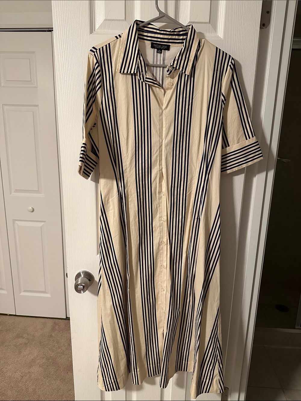 Rachel Zoe Cream and Black Vertical-Stripe Midi Shirt Dress